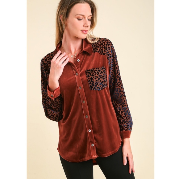 "The Nancy" Rust Velvet Shirt with Leopard Print Pocket - Picture 2 of 3